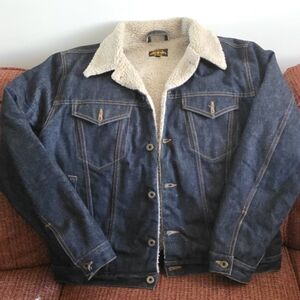 Brave Star × deadstock Cone Mills selvedge dark wash sherpa lined denim jacket